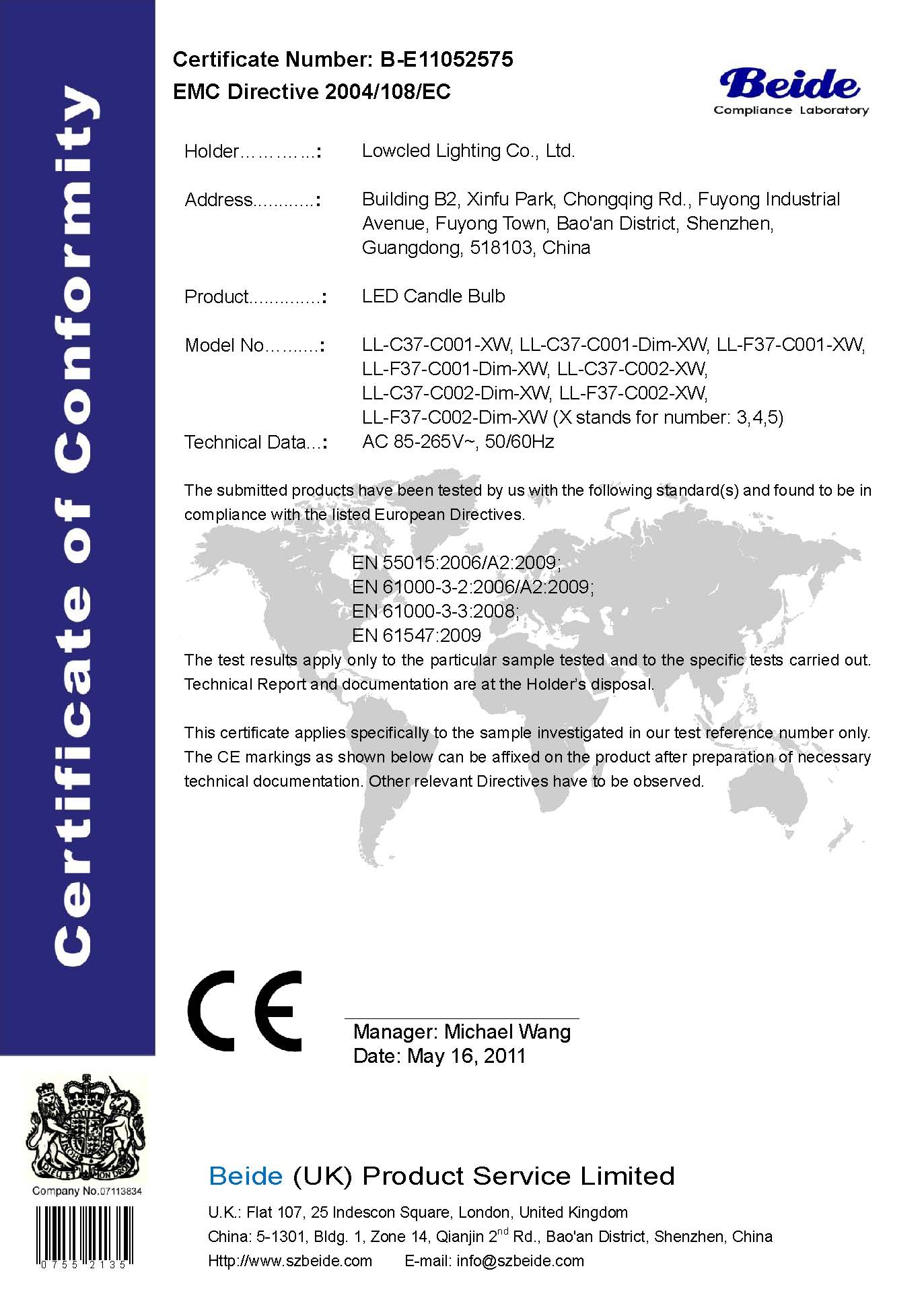 Lowcled Candle bulb CE-EMC Certificate
