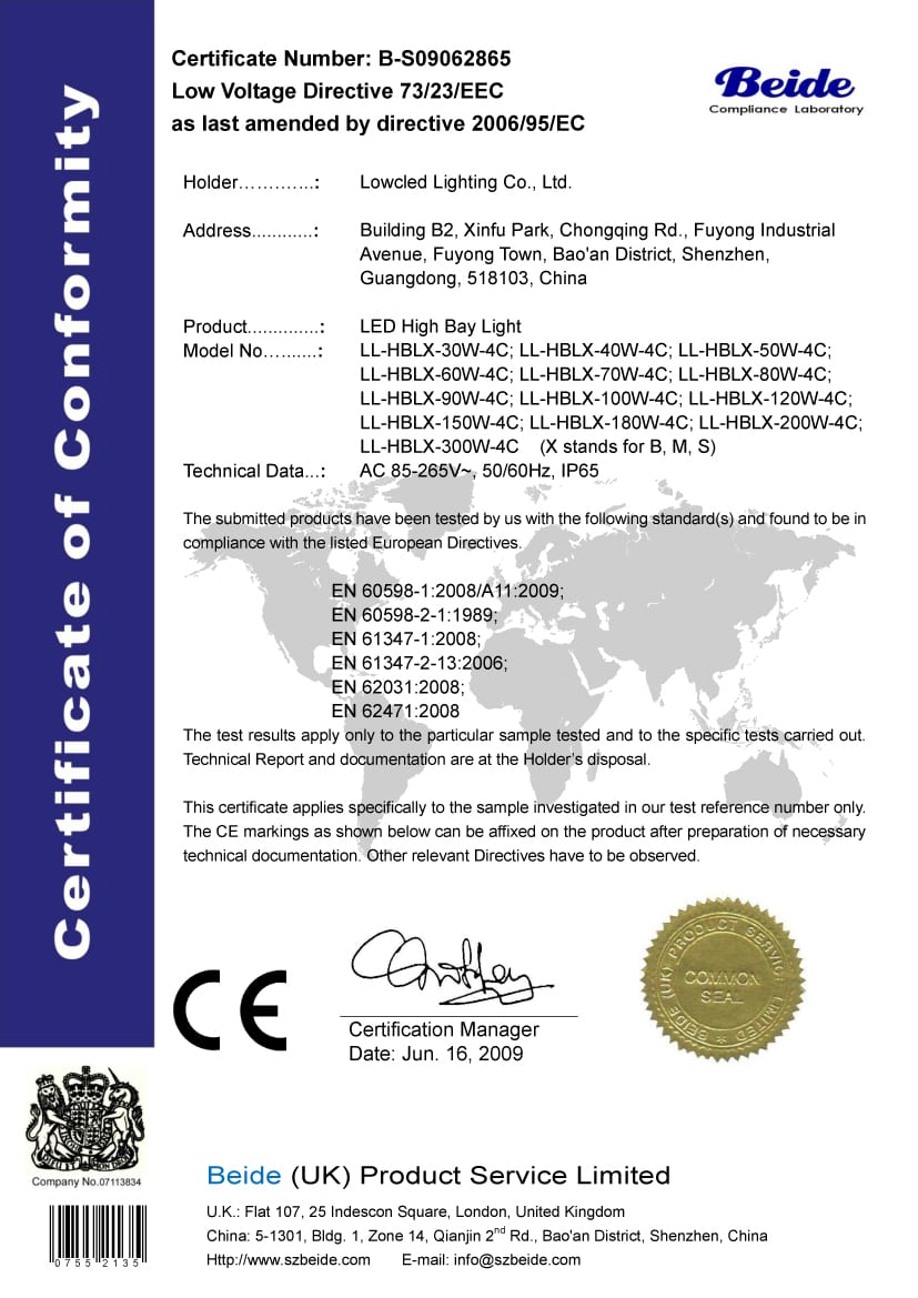 Lowcled High Bay Light CE-LVD Certificate