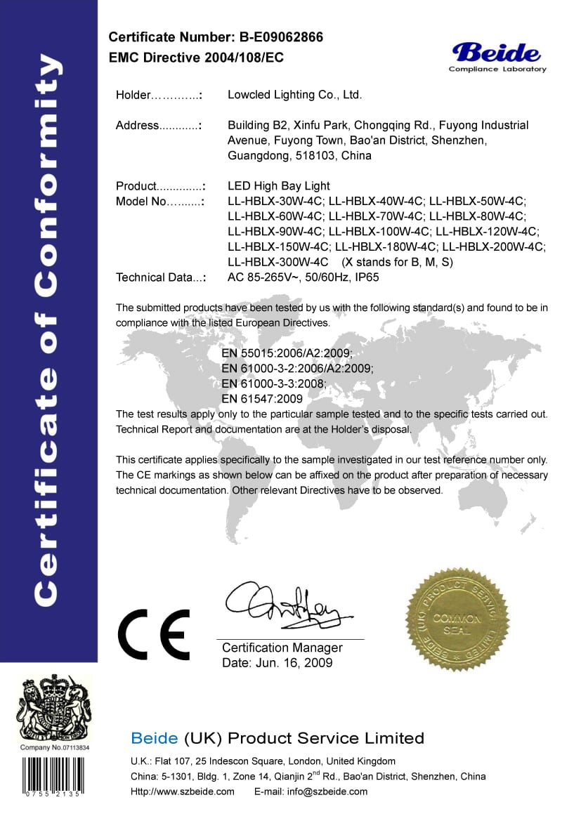 Lowcled High Bay Light CE-EMC Certificate