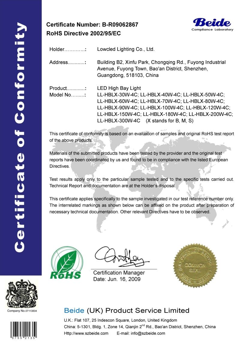 Lowcled High bay Light RoHS Certificate